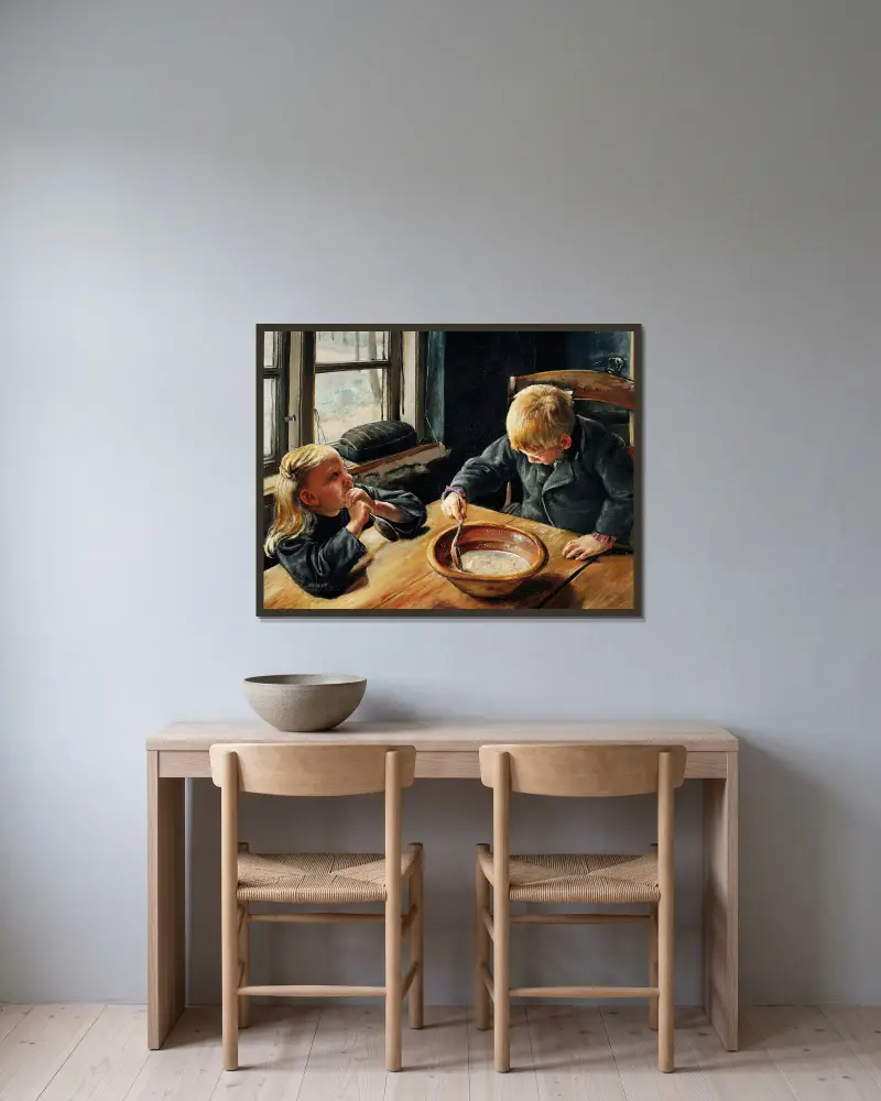En Dreng og en Pige ved Middagsmaden av Laurits Andersen Ring inramad på en vägg