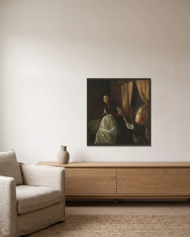 En pojke räcker sin farmor en grön ärta av Laurits Andersen Ring inramad på en vägg