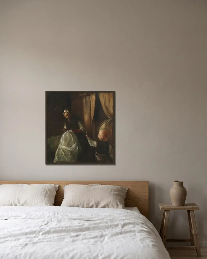En pojke räcker sin farmor en grön ärta av Laurits Andersen Ring inramad på en vägg