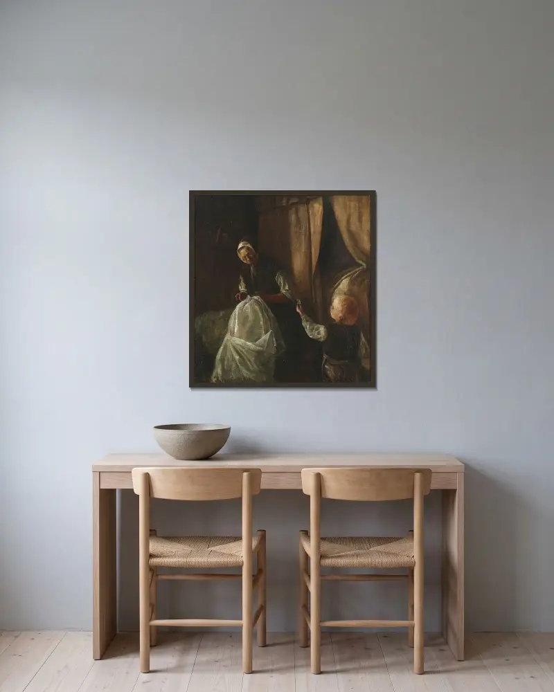 En pojke räcker sin farmor en grön ärta av Laurits Andersen Ring inramad på en vägg