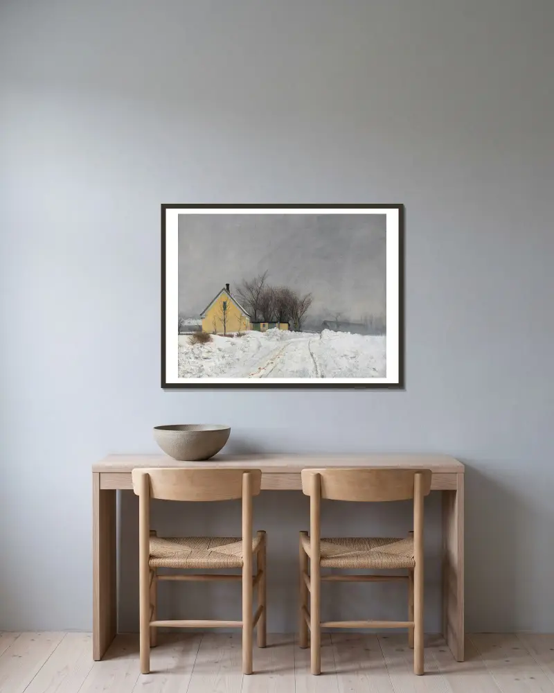 Foggy Winter Day. To the Left a Yellow House. Deep Snow. av Laurits Andersen Ring inramad på en vägg