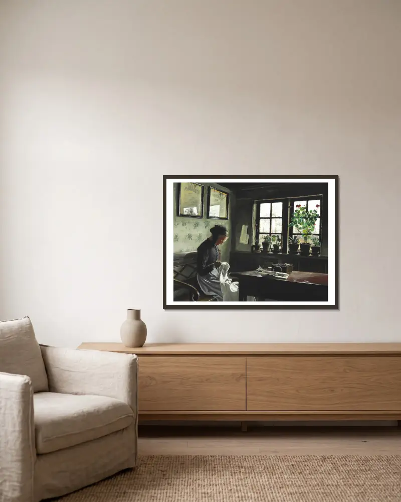 Interieur mit nähender Frau von Laurits Andersen Ring gerahmt an einer Wand