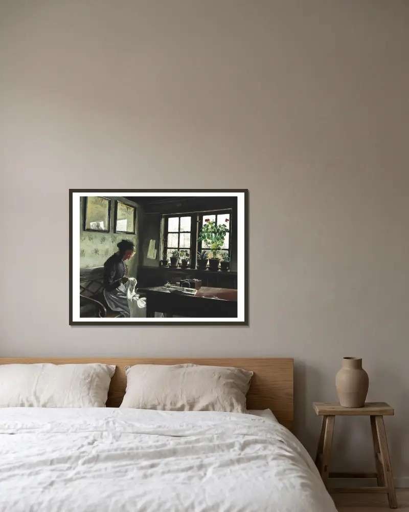 Interieur mit nähender Frau von Laurits Andersen Ring gerahmt an einer Wand