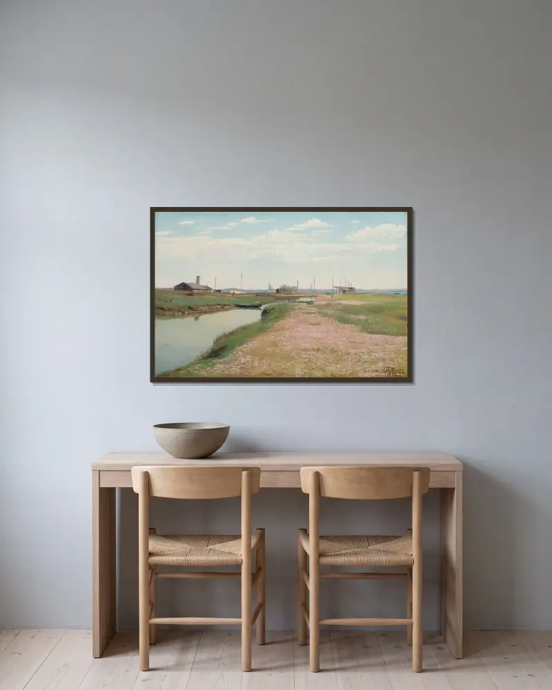 Floden och hamnen vid Frederiksværk av Laurits Andersen Ring inramad på en vägg