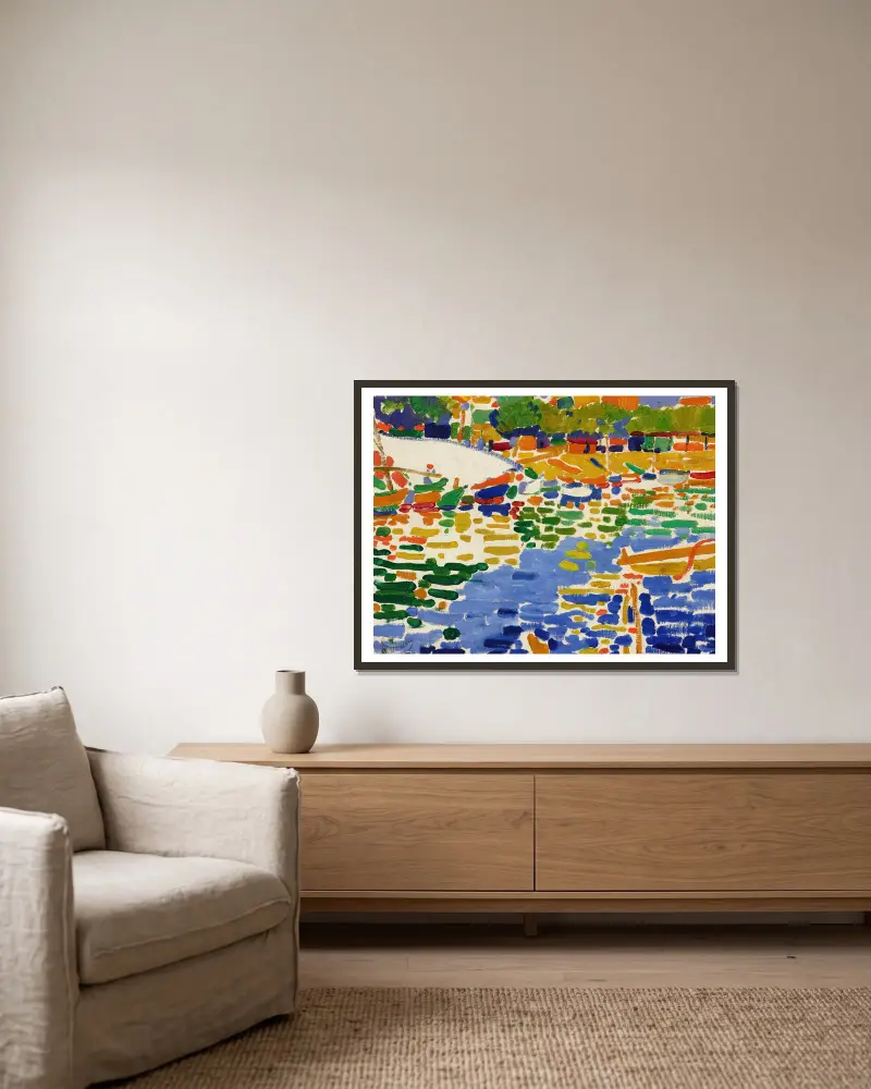 Přivázané loďky v L'Estaque, André Derain v rámu na stěně