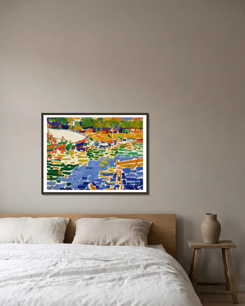 Přivázané loďky v L'Estaque, André Derain v rámu na stěně