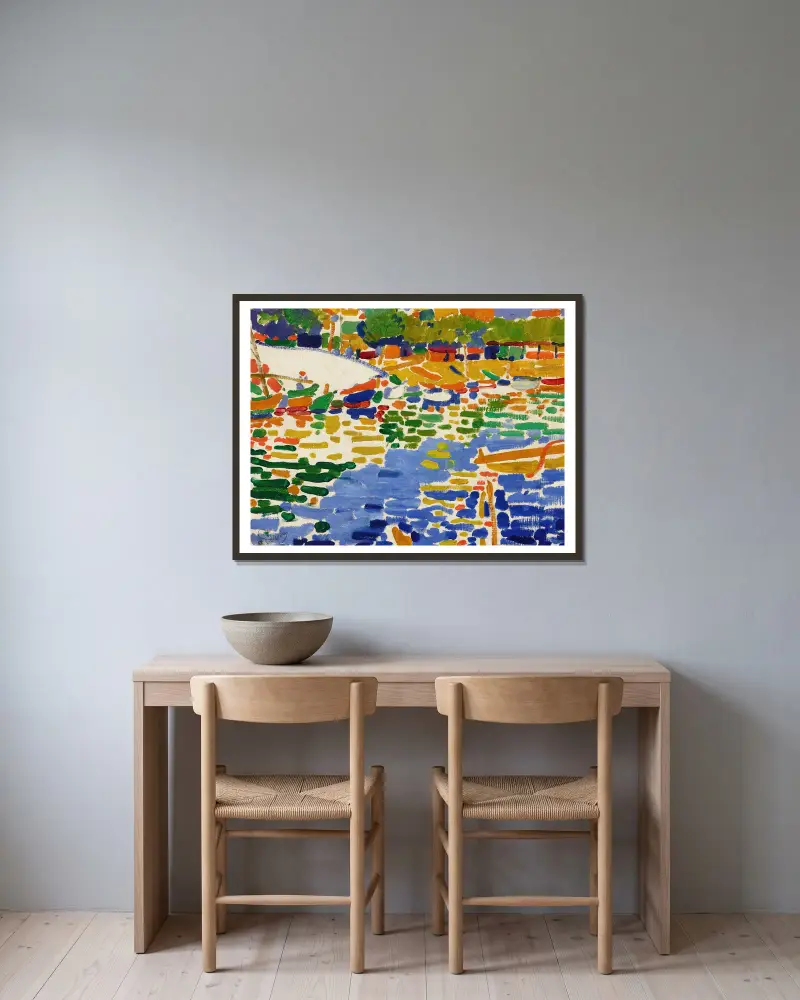 Přivázané loďky v L'Estaque, André Derain v rámu na stěně