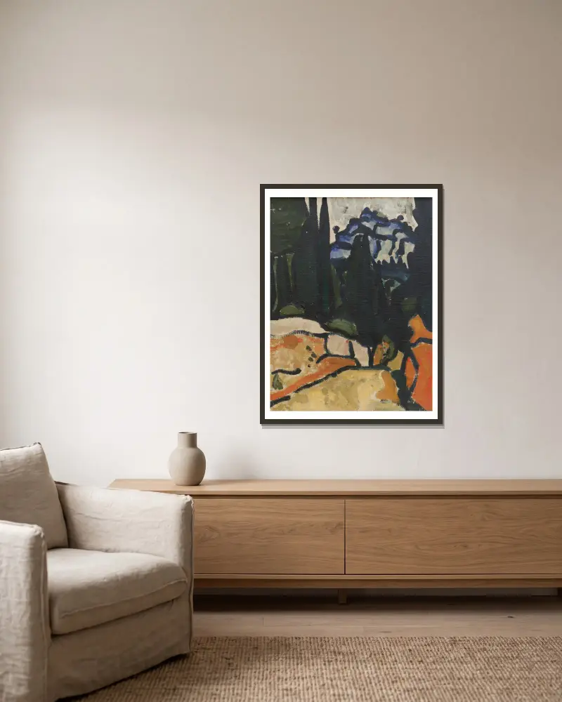 Cypřiše u Cassis, André Derain v rámu na stěně