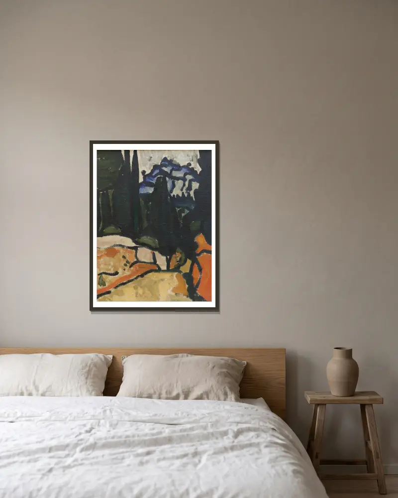 Cypřiše u Cassis, André Derain v rámu na stěně