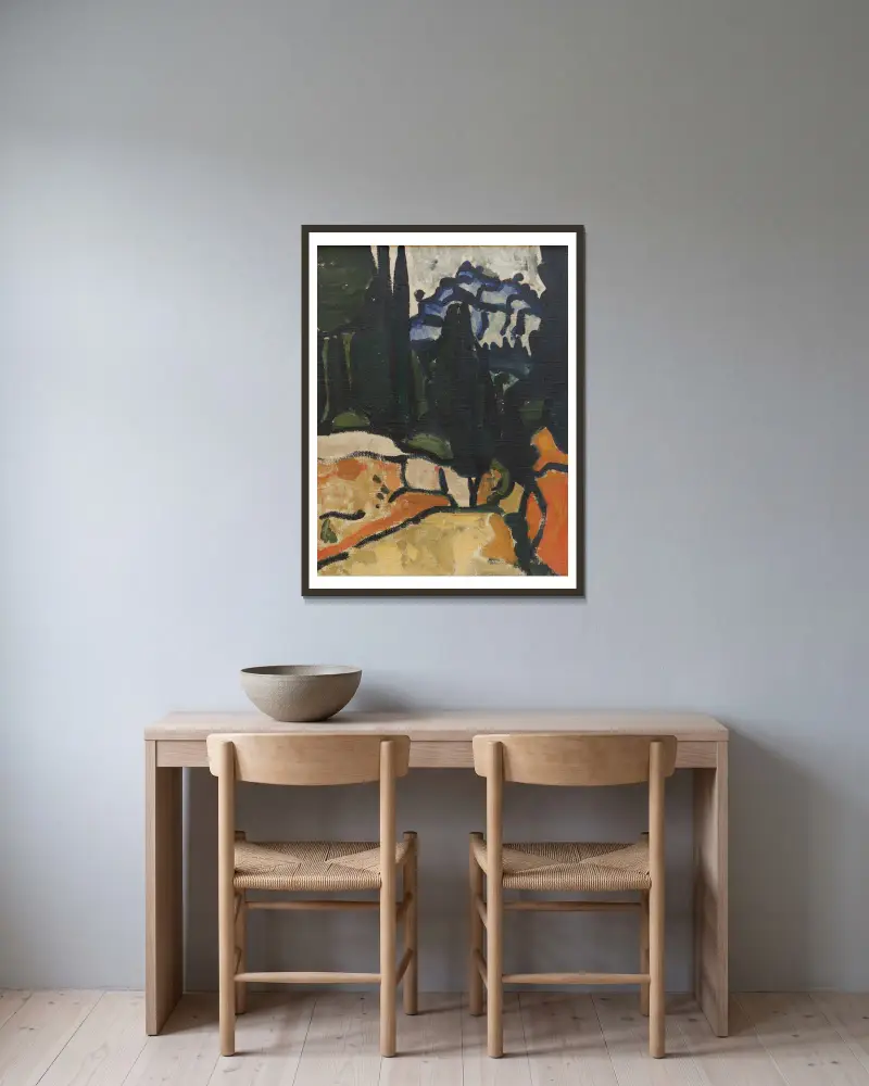 Cypřiše u Cassis, André Derain v rámu na stěně