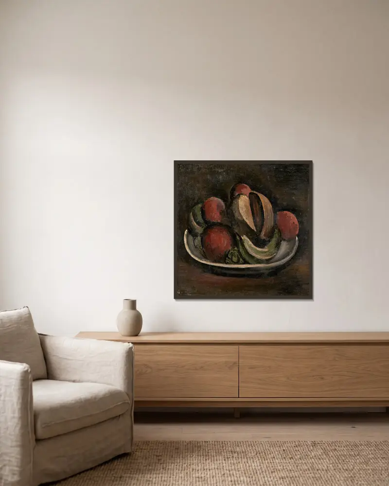 Nature morte aux fruits av André Derain inramad på en vägg