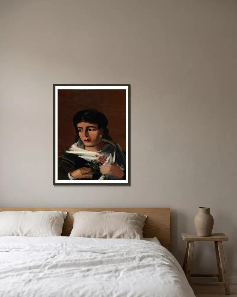 Frauenporträt mit Blumenstrauß von André Derain gerahmt an einer Wand