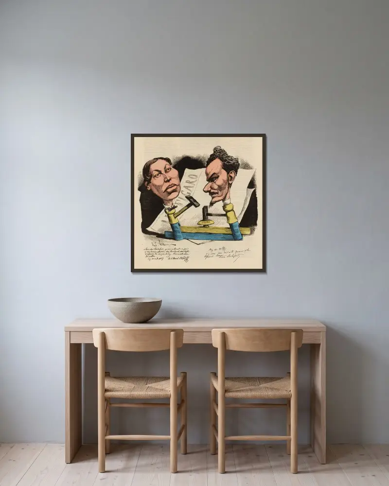 Albert Wolff und Henri Rochefort von André Gill gerahmt an einer Wand