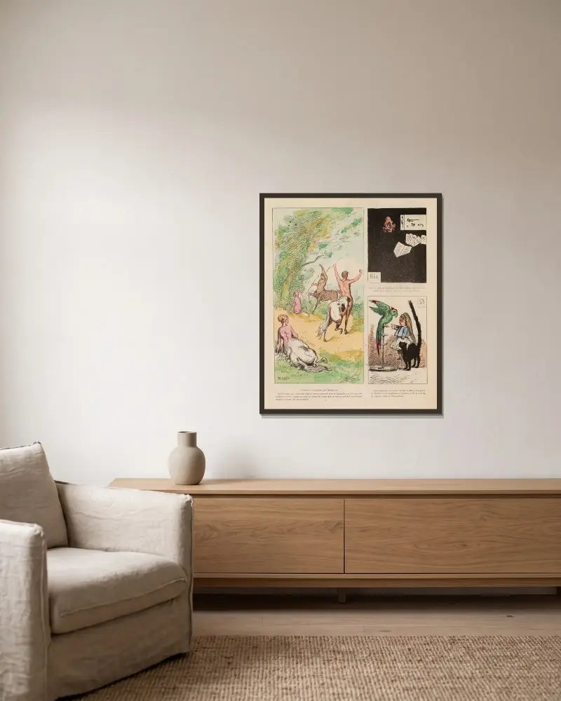 Kentaver och kentaurinnor, av Fromentin, Manet och M. Arnaud av André Gill inramad på en vägg