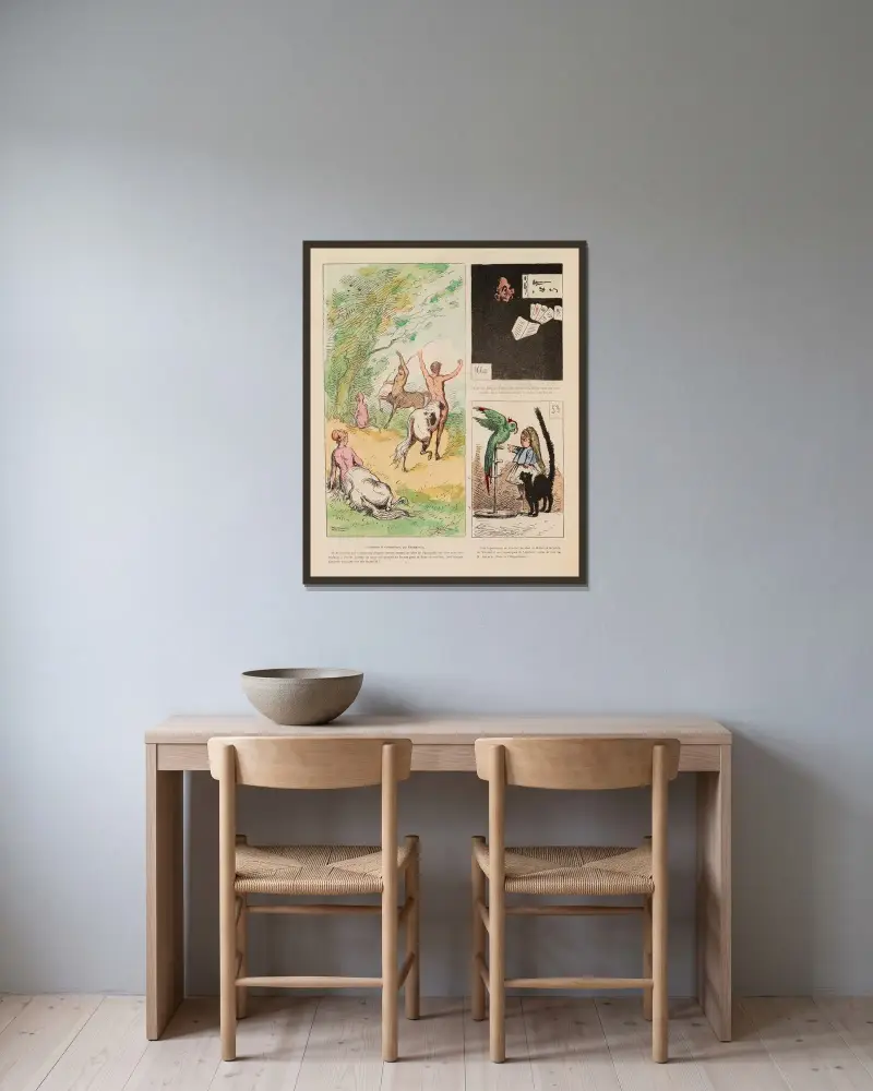 Kentaver och kentaurinnor, av Fromentin, Manet och M. Arnaud av André Gill inramad på en vägg
