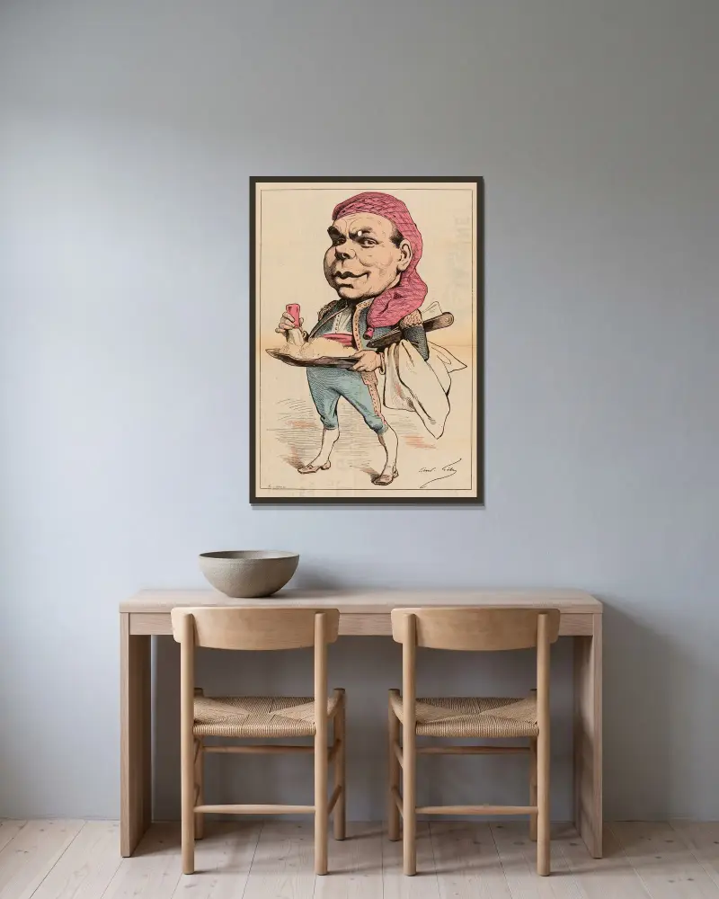 Coquelin ainé (Théâtre-Français), rôle de Figaro av André Gill inramad på en vägg