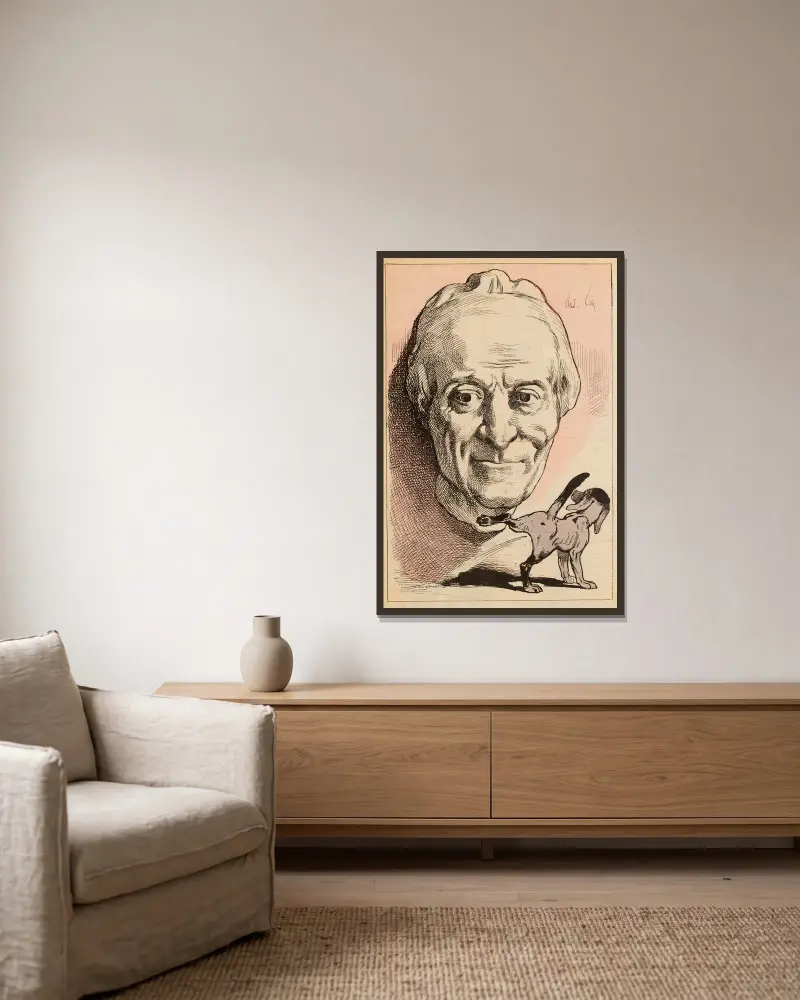 Schläfst du zufrieden, Nonotte von André Gill gerahmt an einer Wand