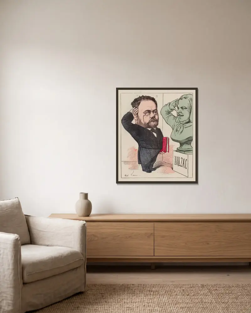 Emile Zola von André Gill gerahmt an einer Wand