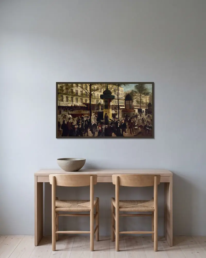 Skiss till ett panorama av Boulevard Montmartre med samtida parisiska personligheter av André Gill inramad på en vägg