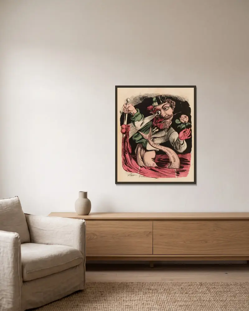 Authentisches Porträt von Rocambole von André Gill gerahmt an einer Wand