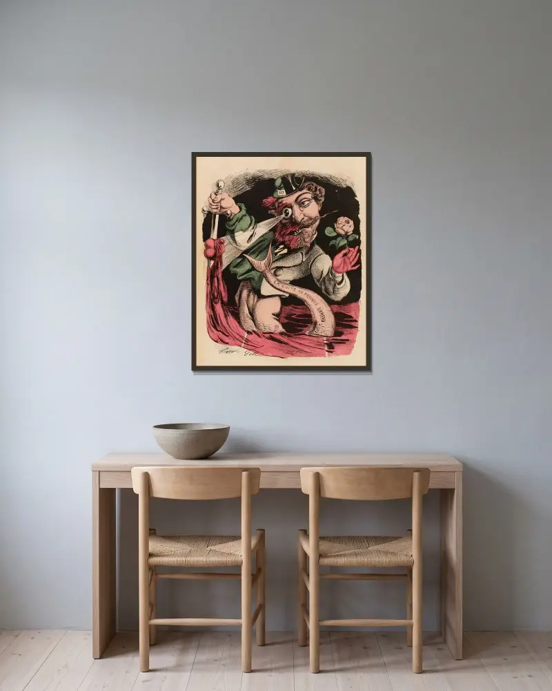Authentisches Porträt von Rocambole von André Gill gerahmt an einer Wand