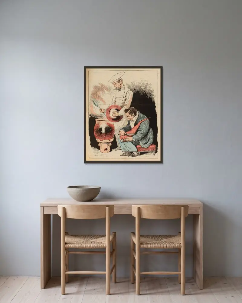 Ledsen matlagning av André Gill inramad på en vägg