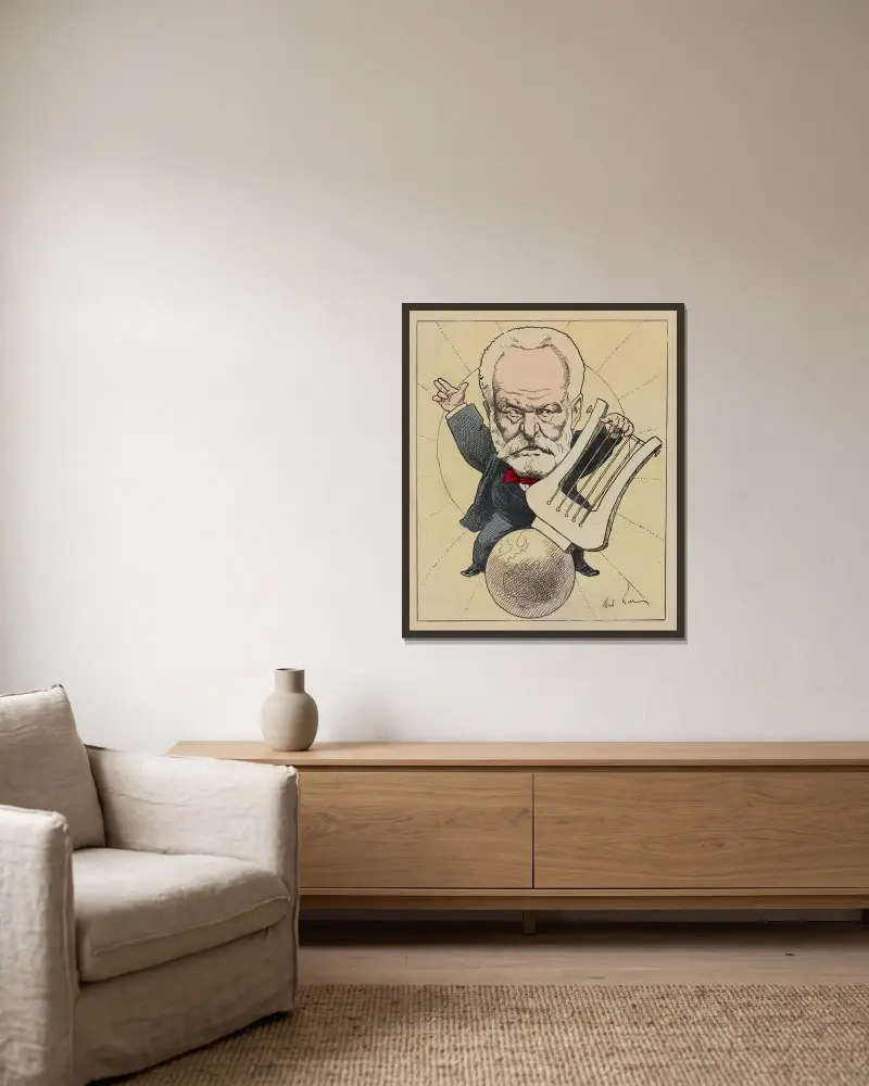 Victor Hugo av André Gill inramad på en vägg
