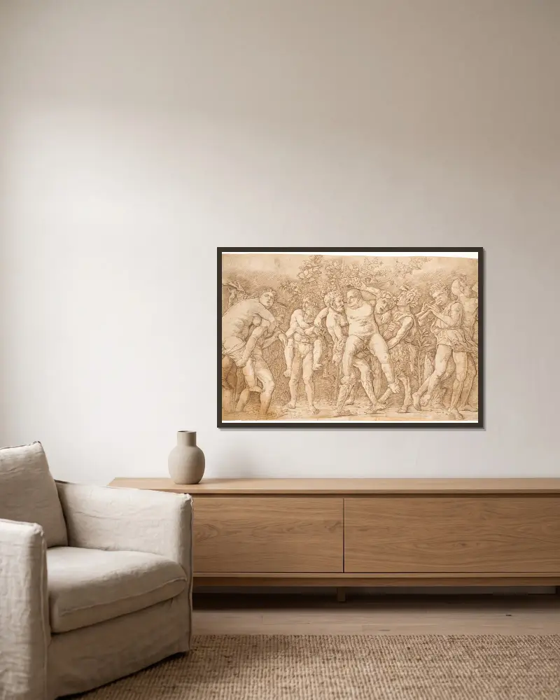 Bakkanal med Silén av Andrea Mantegna inramad på en vägg