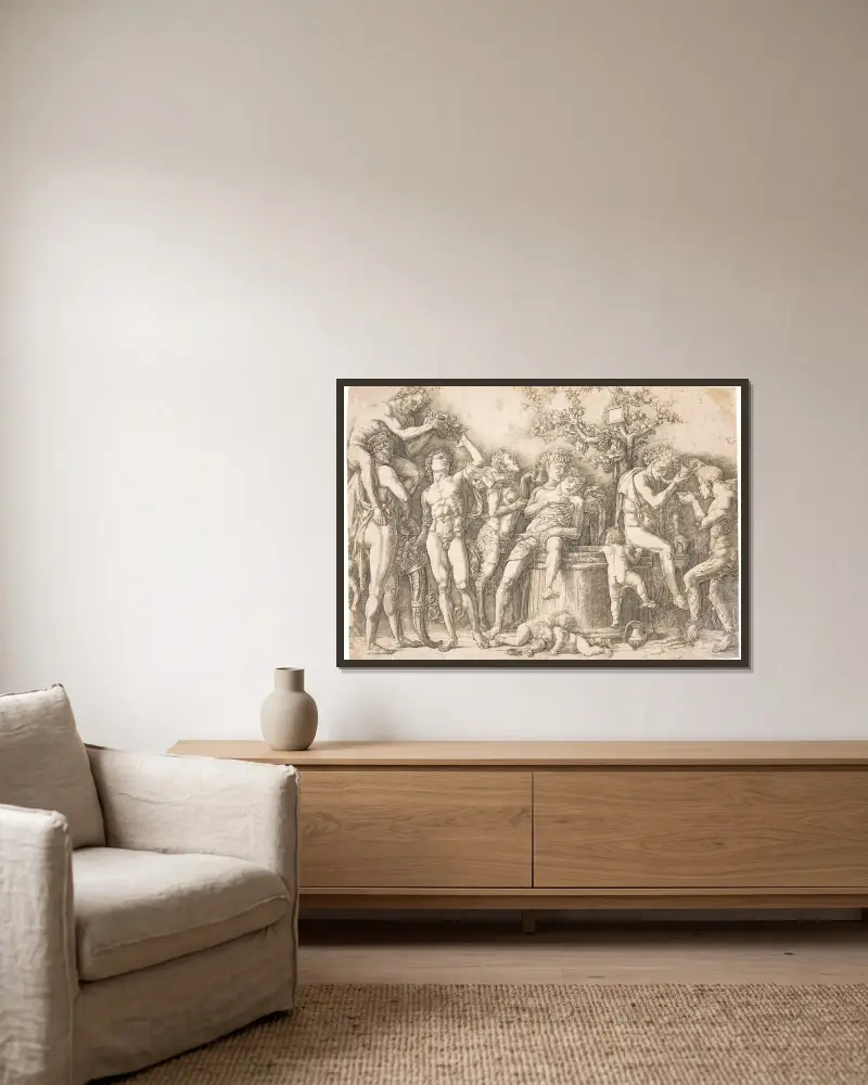 Bakkanal ved vinkarret av Andrea Mantegna inramad på en vägg