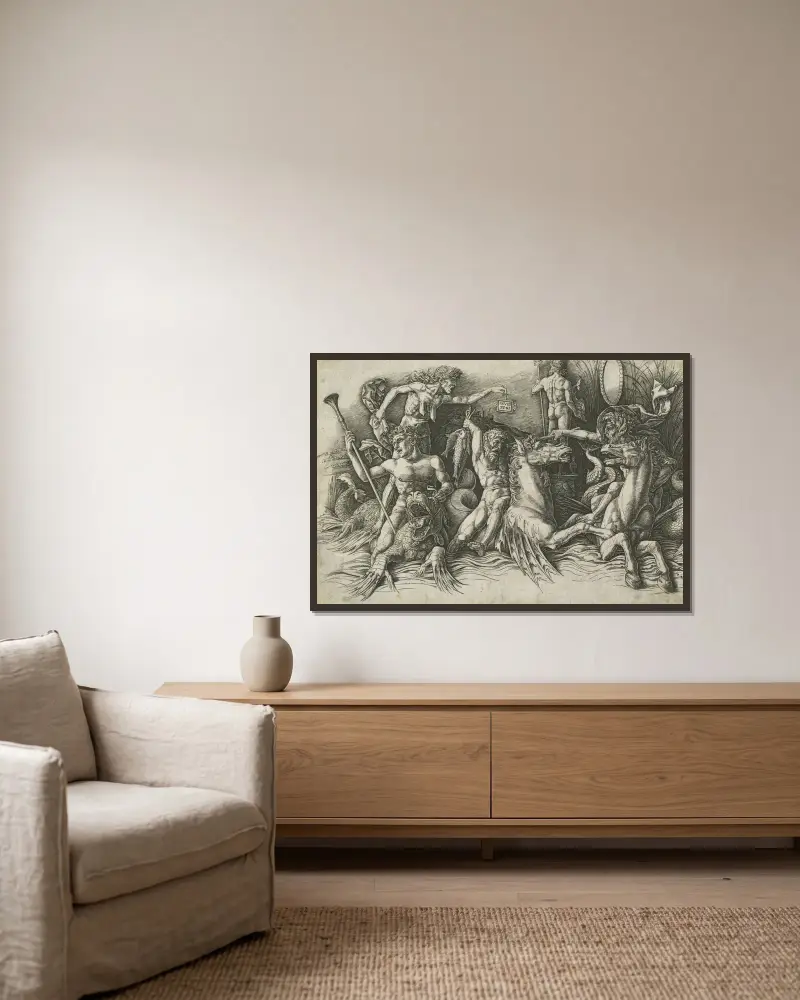 Battle of the Sea Gods (left , NGA 64543 av Andrea Mantegna inramad på en vägg