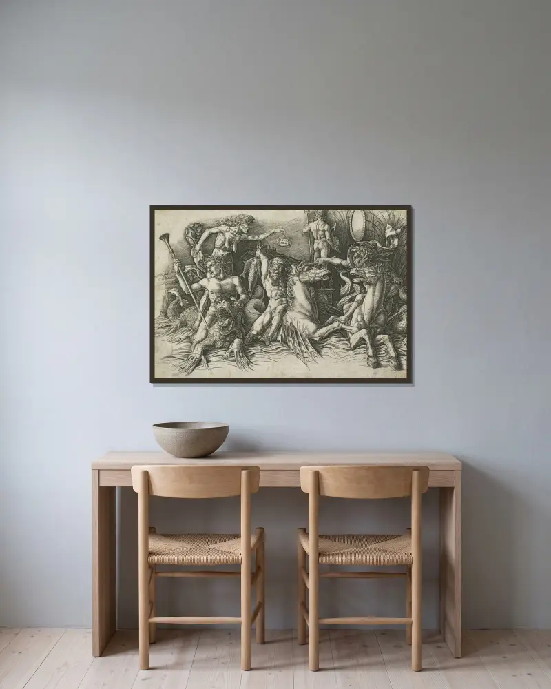 Battle of the Sea Gods (left , NGA 64543 av Andrea Mantegna inramad på en vägg
