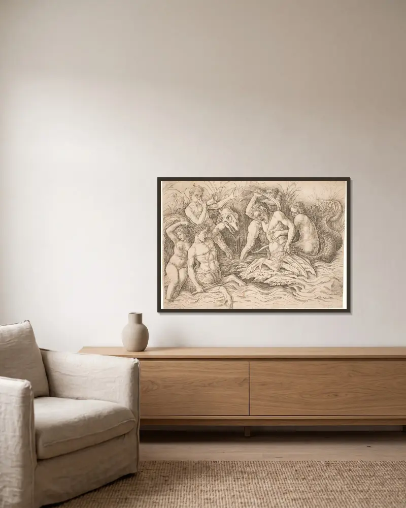 Havgudernes kamp, højre halvdel av Andrea Mantegna inramad på en vägg