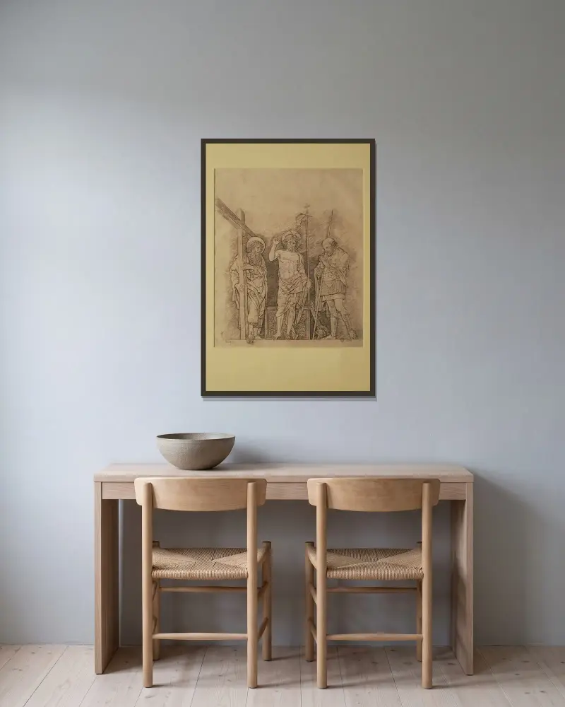 Den uppståndne Jesus, Sankt Andreas och Sankt Longinus av Andrea Mantegna inramad på en vägg