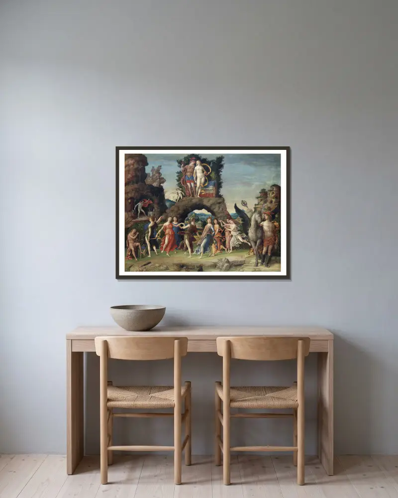Der Parnass von Andrea Mantegna gerahmt an einer Wand