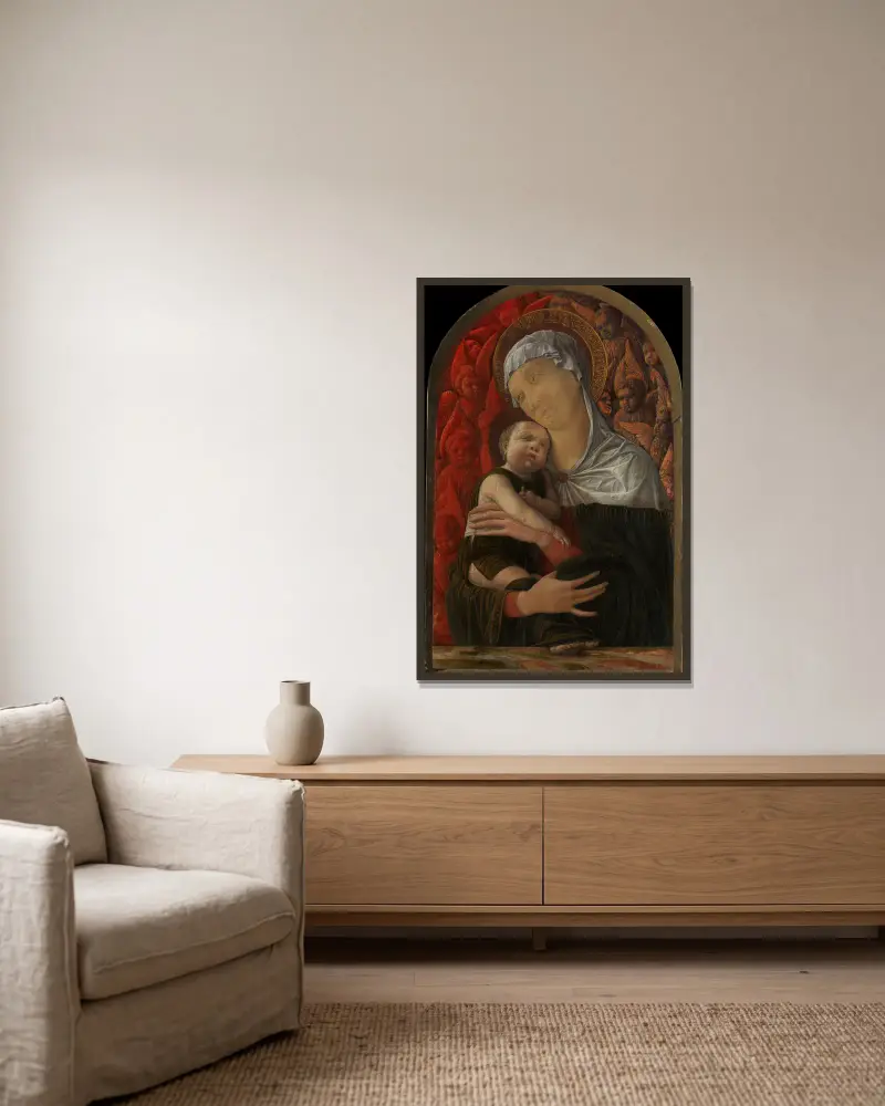 Madonna and Child with Seraphim and Cherubim av Andrea Mantegna inramad på en vägg