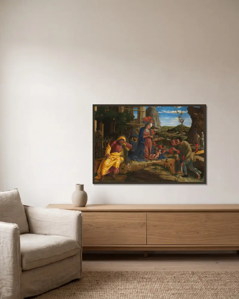 The Adoration of the Shepherds av Andrea Mantegna inramad på en vägg