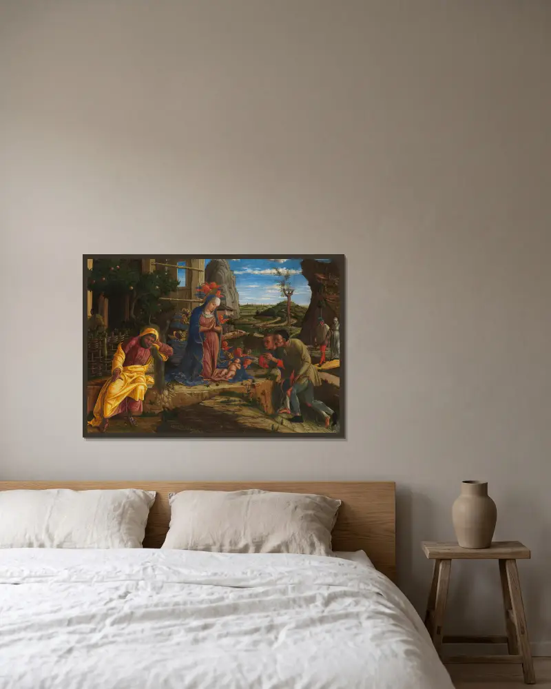 The Adoration of the Shepherds av Andrea Mantegna inramad på en vägg