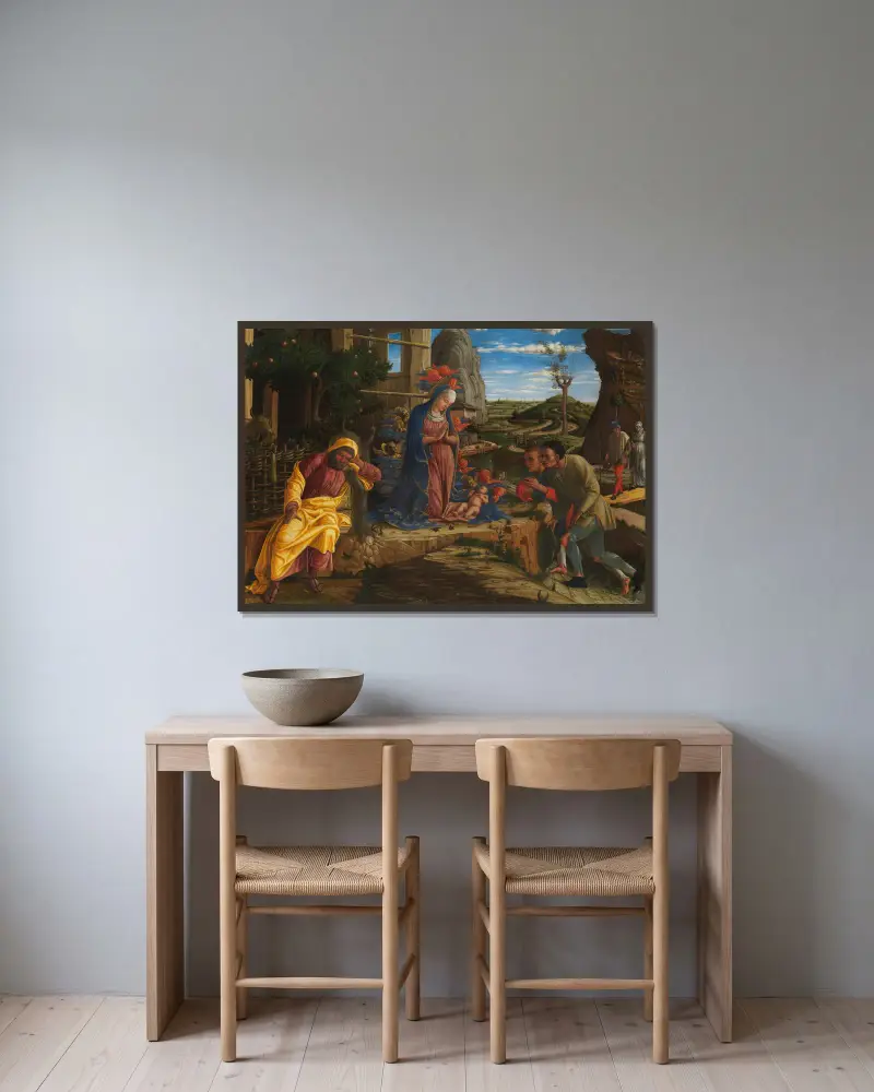 The Adoration of the Shepherds av Andrea Mantegna inramad på en vägg