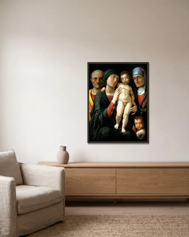 The Holy Family av Andrea Mantegna inramad på en vägg