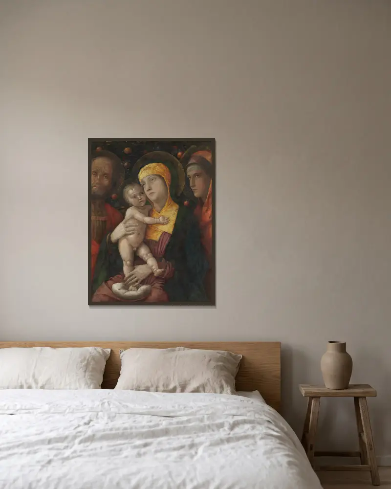 The Holy Family with Saint Mary Magdalen av Andrea Mantegna inramad på en vägg