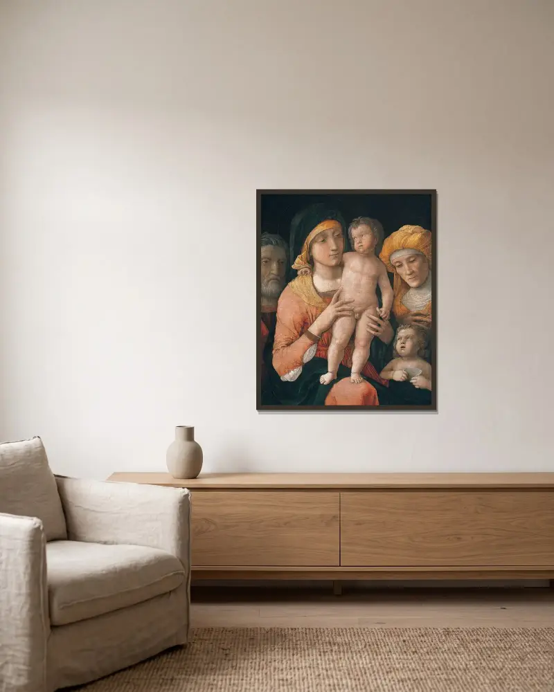 Madonnan med barnet och helgonen Josef, Elisabet och Johannes Döparen av Andrea Mantegna inramad på en vägg
