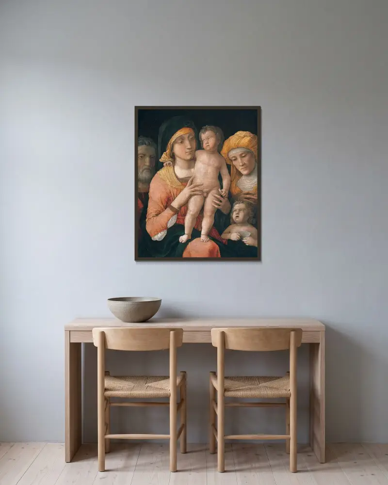Madonnan med barnet och helgonen Josef, Elisabet och Johannes Döparen av Andrea Mantegna inramad på en vägg