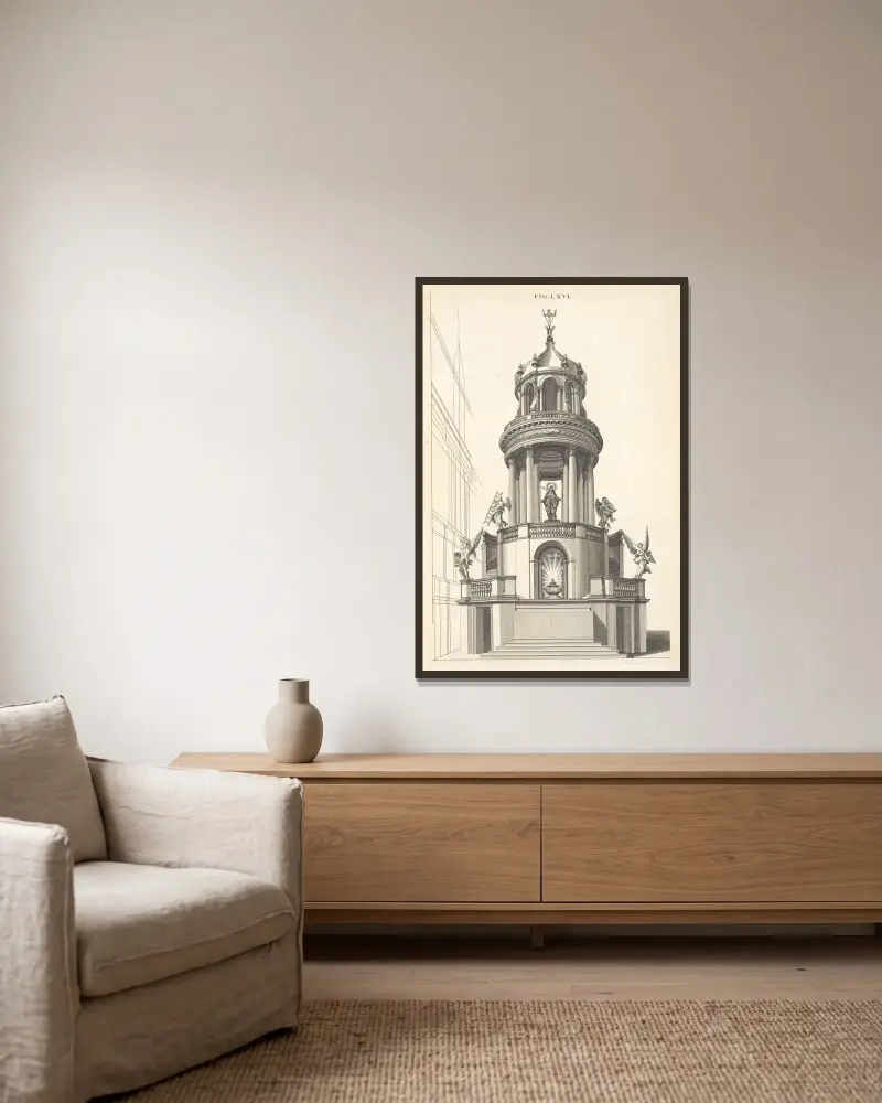 Eine kreisförmige Form in Perspektive von Andrea Pozzo gerahmt an einer Wand