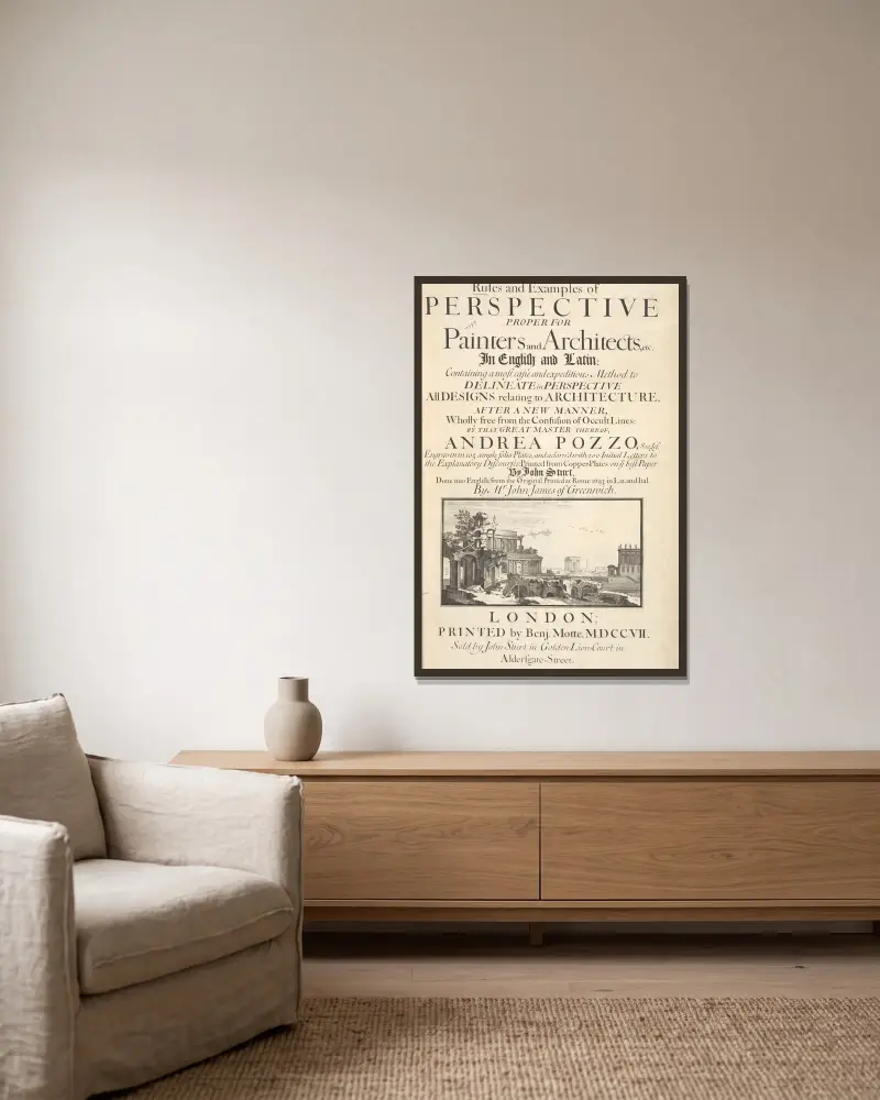 Rules and examples of perspective, proper for painters and architects, etc – Title Page av Andrea Pozzo inramad på en vägg