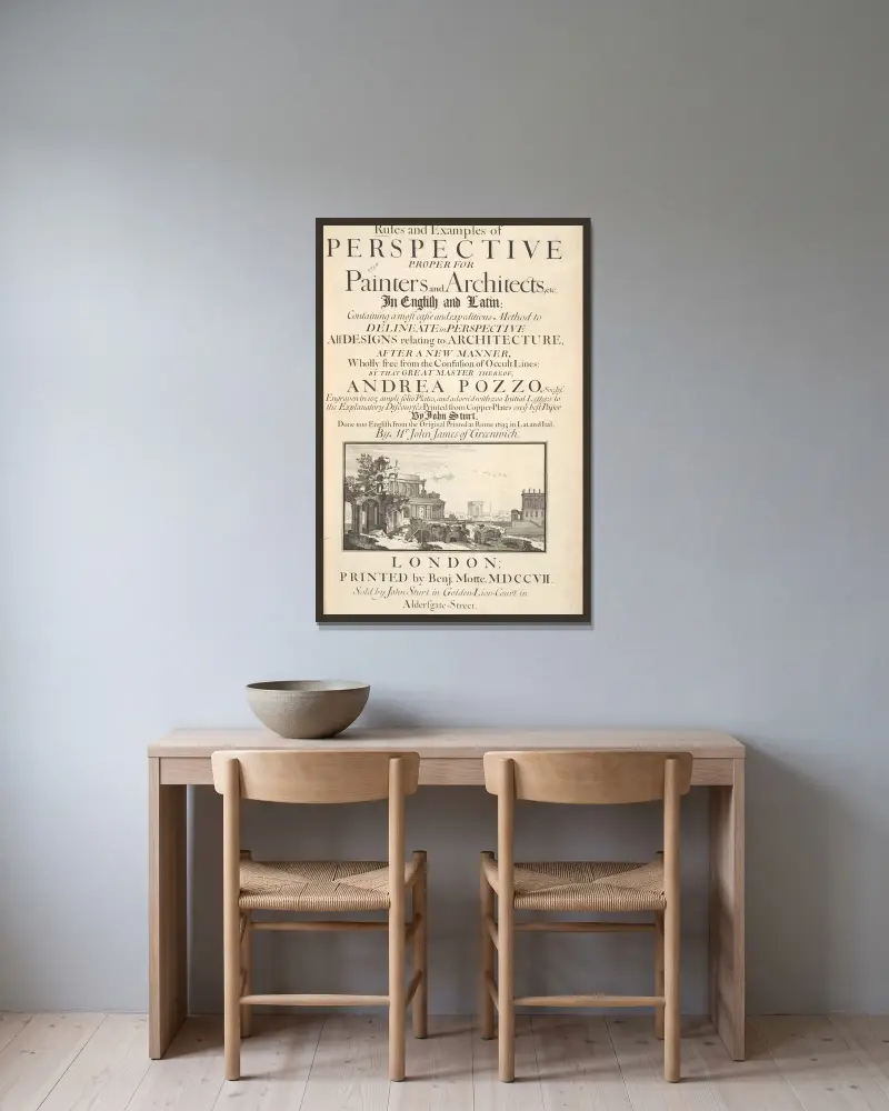 Rules and examples of perspective, proper for painters and architects, etc – Title Page av Andrea Pozzo inramad på en vägg