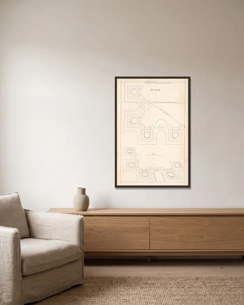 The plan of an Ionick building. av Andrea Pozzo inramad på en vägg