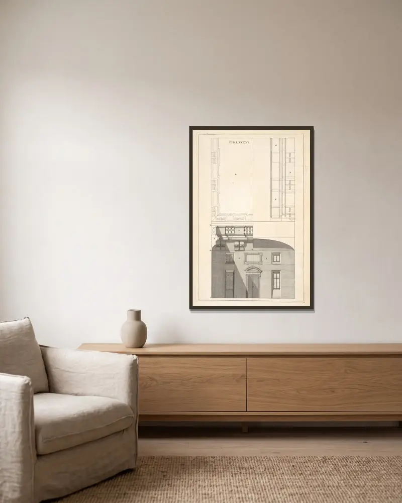 The preparation necessary to the following figure, and to all other horizontal perspectives, whether on flat or vaulted ceilings. av Andrea Pozzo inramad på en vägg