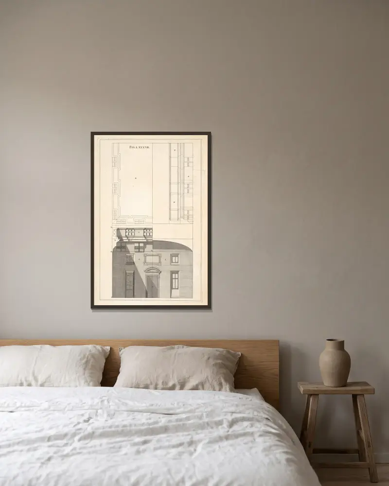 The preparation necessary to the following figure, and to all other horizontal perspectives, whether on flat or vaulted ceilings. av Andrea Pozzo inramad på en vägg