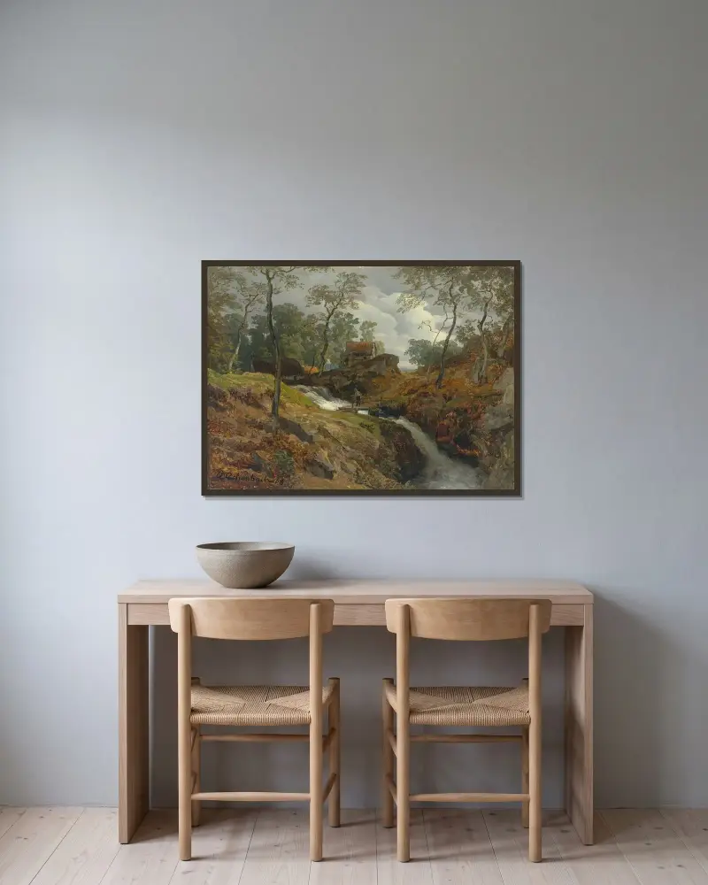 Am Wildbach von Andreas Achenbach gerahmt an einer Wand