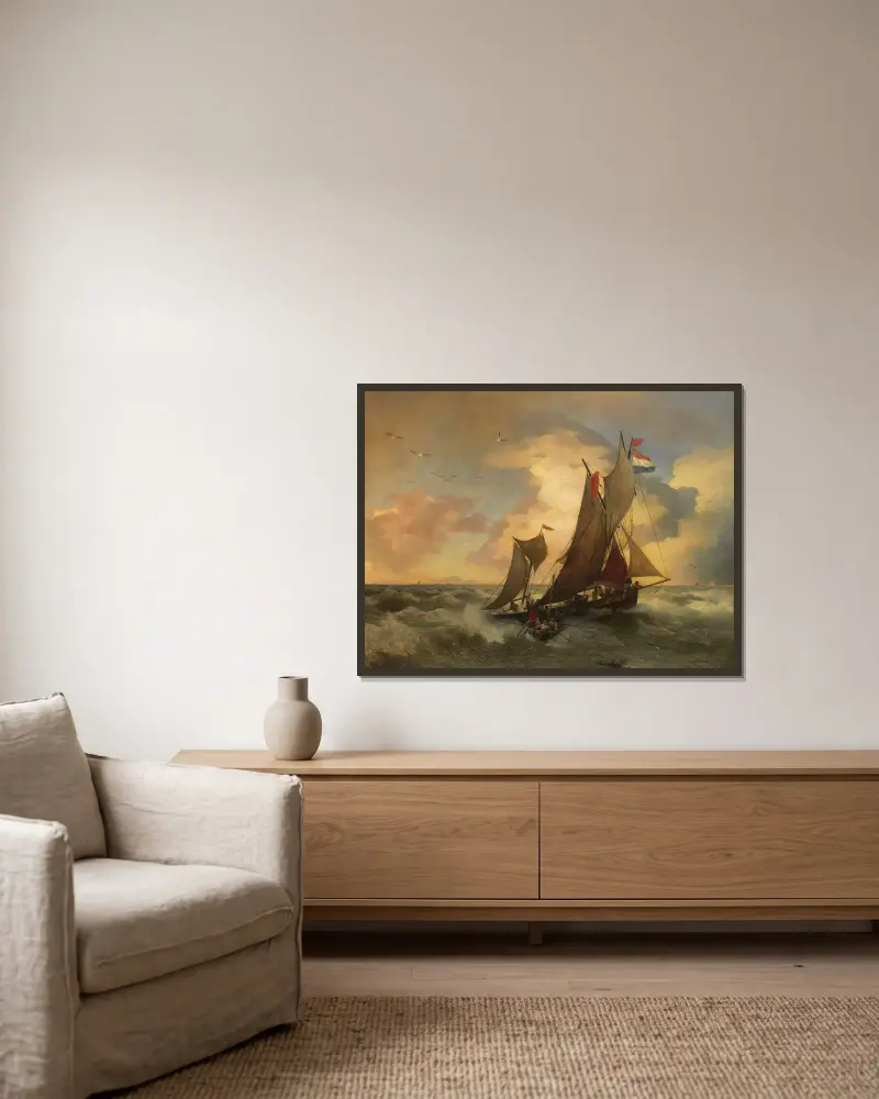 Na wzburzonym morzu, Andreas Achenbach w ramie na ścianie